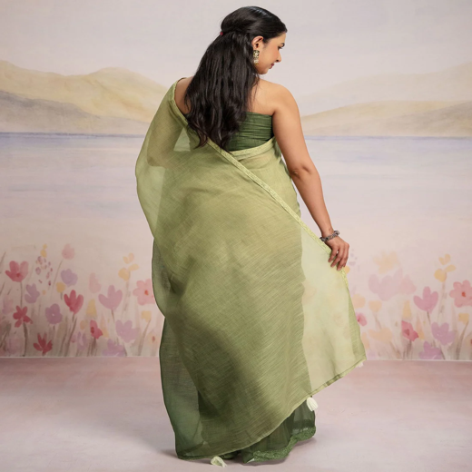 Ready To Wear Dark Green Linen Ombre Lace Saree With Pocket - Image 4