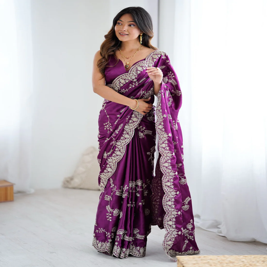 Dark Purple Satin Sequence Embroidery  Saree
