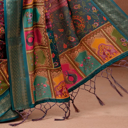 Brown Silk Kalamkari Printed Woven Border Saree - Image 3