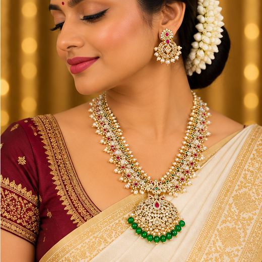 Matte finishing Peacock designed with white pearls Long Necklace - Image 4