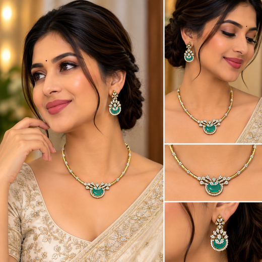 Mehndi finishing short Mint-Green stone Necklace - Image 4
