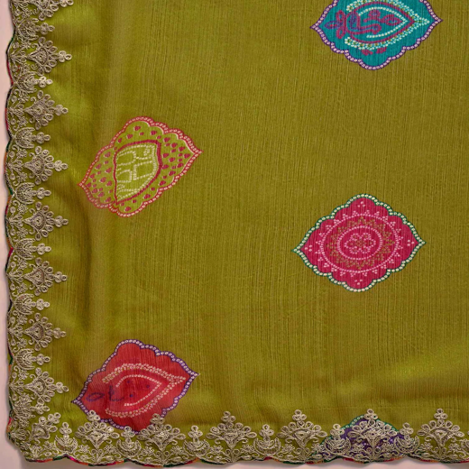 Lime Green Chiffon Bandhani Printed Embroidery Saree - Image 3