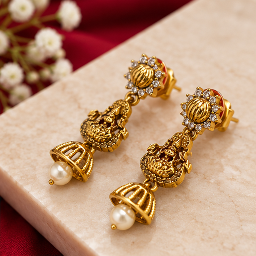 Matte finishing Lord Lakshmi with (Jhumka) white pearl drop Earring - Image 2