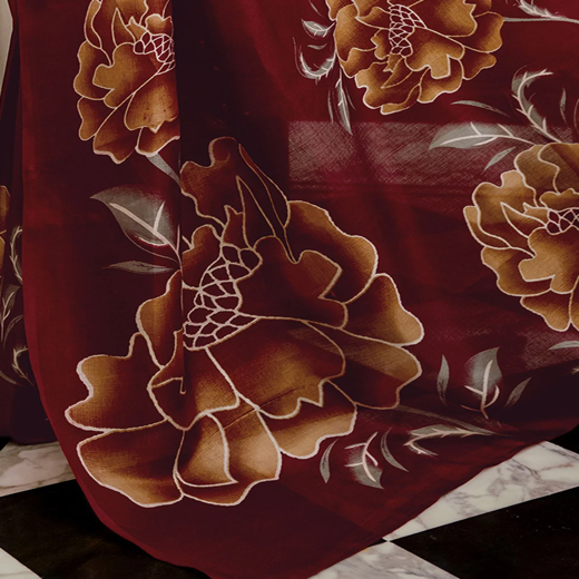 Maroon Khadi Floral Printed Saree - Image 3