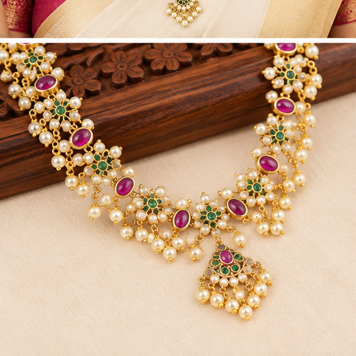 matte finishing Guttapusalu Pink,Green and pearl Long Haram - Image 3