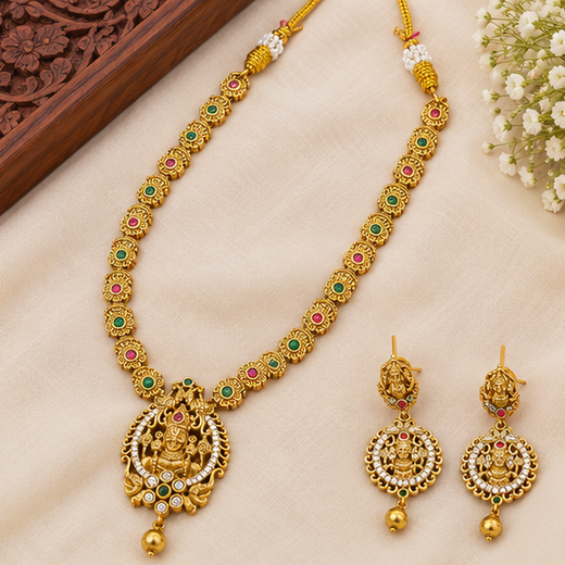 Gold Plated Long CZ Laksmi Necklace Set
