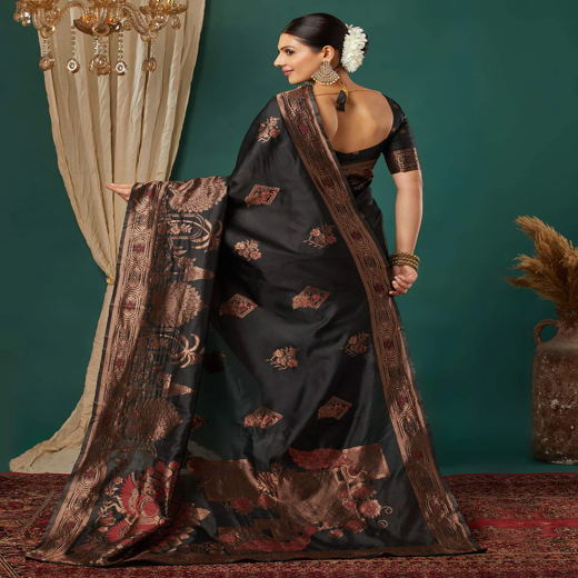 Black Silk Woven Banarasi Saree - Image 4
