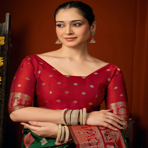 Dark Green Silk Woven Banarasi Saree - Image 2