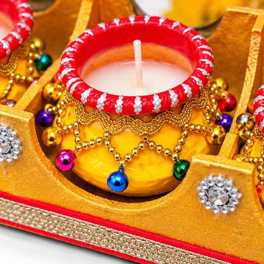 3pc Abhay Kalash Decorated Diya With Decorated Wooden Tray Gift Pack (TC-113) (Box Size: 10.5*4 Inch) 🕯️🎁 - Image 2