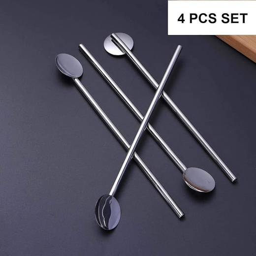 4 Set Drinking Straws With Attached Spoon Stainless Steel - Image 4