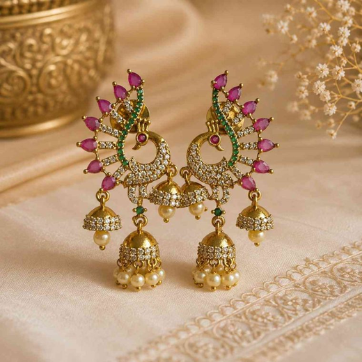 Ruby Emerald Peacock Jhumkas - Image 2