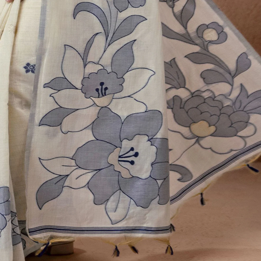 Beige Chanderi Cotton Woven Saree - Image 3