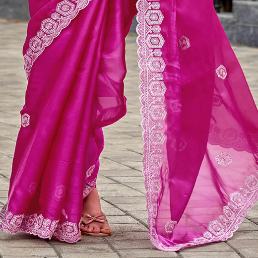 Rani Pink Tissue Silk Sequence Embroidery Saree - Image 3
