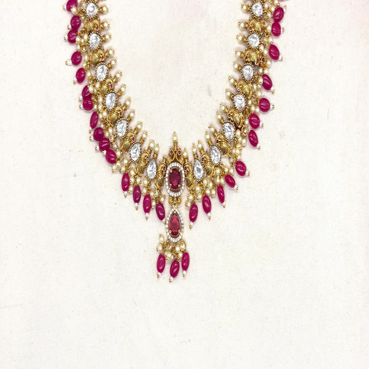 Polki Kundan Pink stone With Pearls drop Short Necklace - Image 2