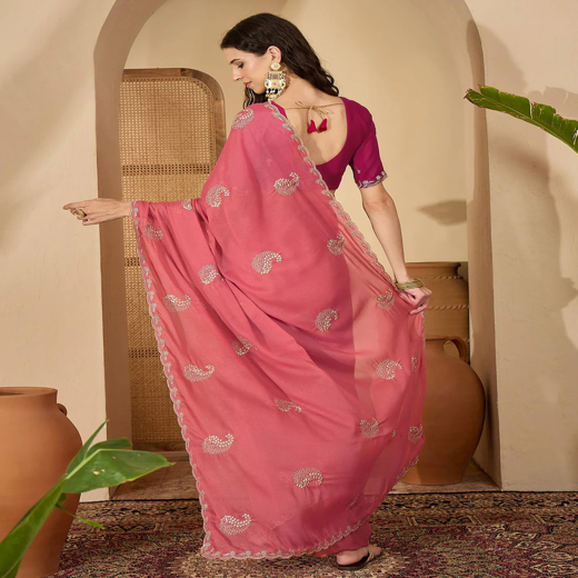 Coral Pink Shimmer Embroidery Saree - Image 4