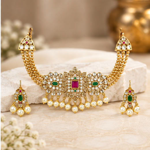 Matte finishing Ad stones with white pearls with pink and green stones Choker - Image 4