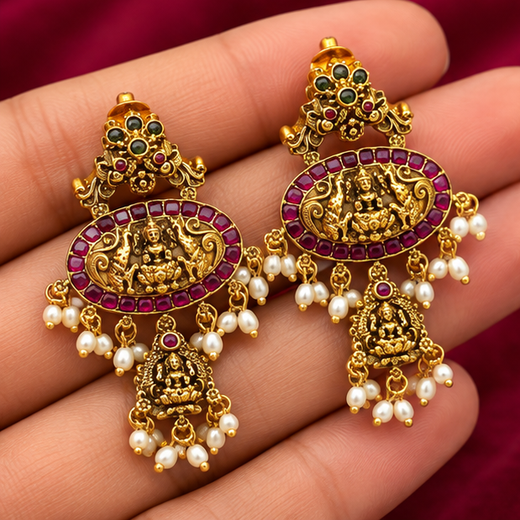 Nakshi Finishing Kempu Stones With Lord Lakshmi Rce Pearl’s Earring - Image 3