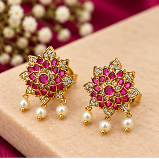 Gold-tone pink-white jadau kundan lotus earring - Image 2
