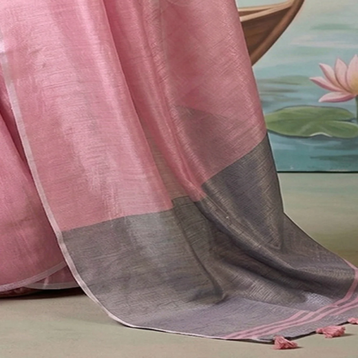 Baby Pink Cotton Silk Tassels Woven Saree - Image 3