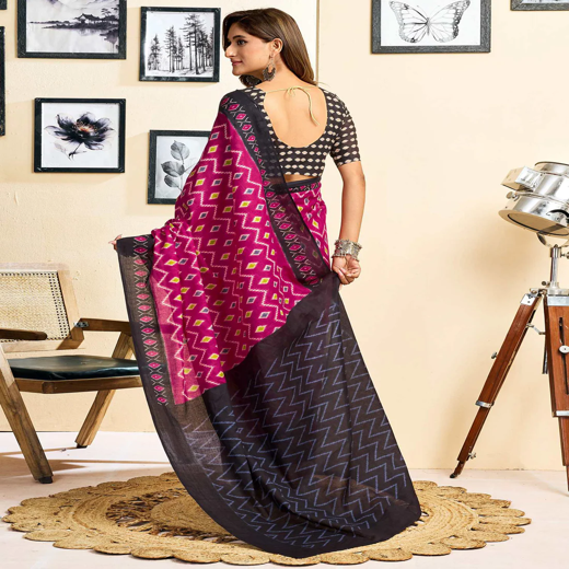 Ready To Wear Magenta Cotton Ikkat Printed Saree - Image 4