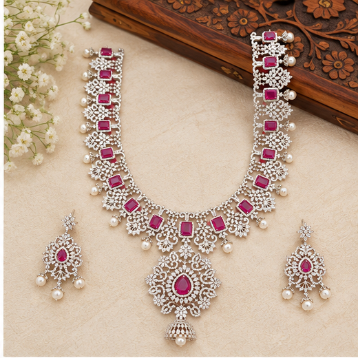 Ad Stones Silver Detachable With Pink stones Long Haram - Image 2