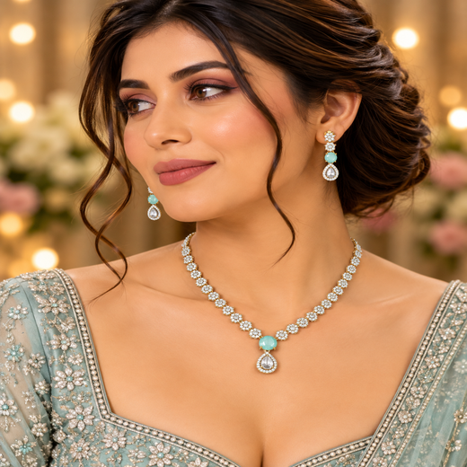 Victorian finishing floral design American Diamonds with Mint-Green Stone Short Necklace - Image 4