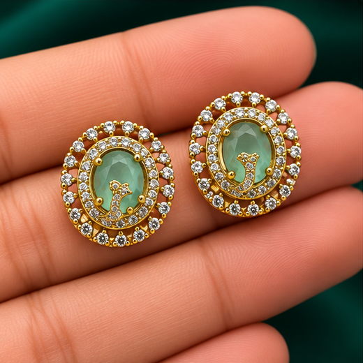 Victorian finish American Diamonds with mint-Green stone stud Earring - Image 3