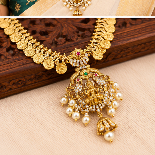 Matte finishing coin Lord Lakshmi with white pearls Long Haram - Image 3