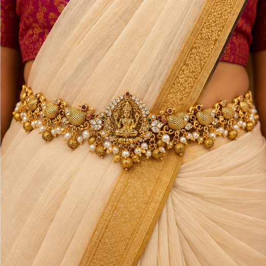Matte Finishing Lord Lakshmi AD Stones With Peacock Design Chain Vaddanam - Image 4