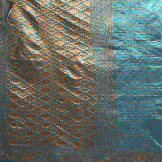 Teal Blue Silk Woven Banarasi Saree - Image 3