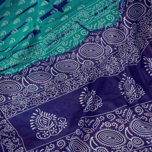 Ready To Wear Teal Green Cotton Ikkat Printed Saree - Image 3