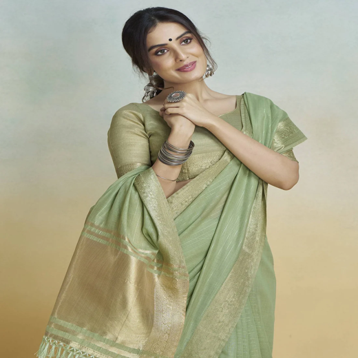 Light Green Cotton Woven Zari Stripe Saree - Image 3