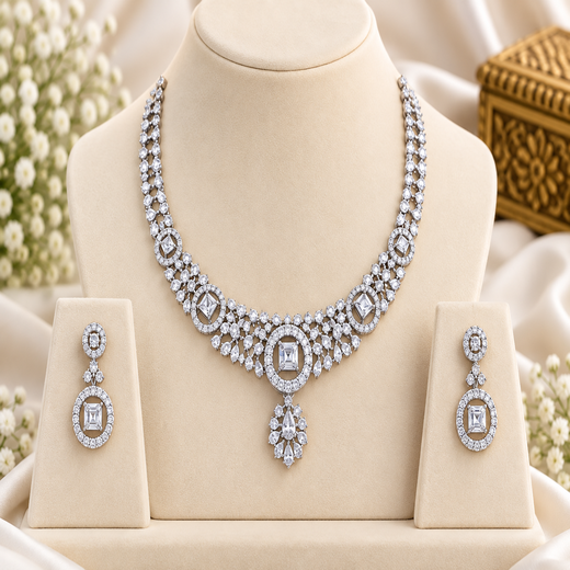 Silver Polish White & white AD Studded Short Necklace - Image 3