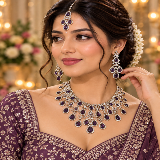 Emerald Purple and Cubic Zirconia Bridal Necklace Set with Earrings and Maang Tikka - Image 4