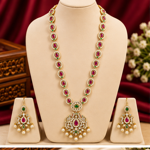 Matte finishing pink stones pearls with Elephant design Long Haram