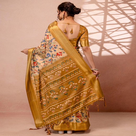 Dark Beige Silk Kalamkari Printed Woven Border Saree - Image 4