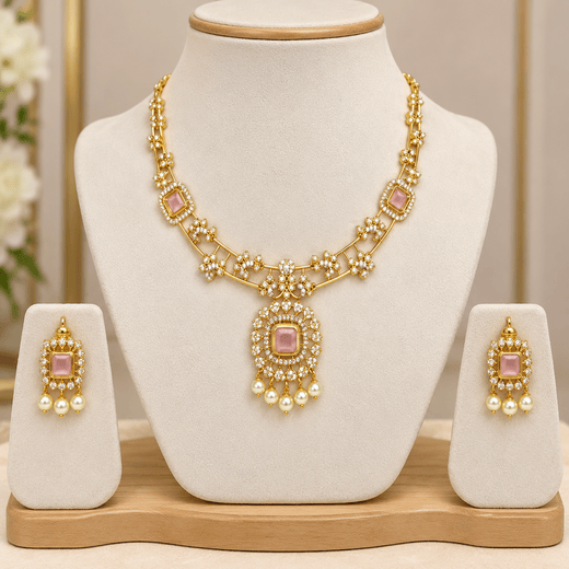 Matte finishing baby-pink stones with pearls short Necklace