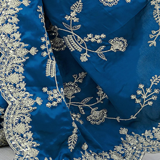 Teal Blue Satin Sequence Embroidery  Saree - Image 3