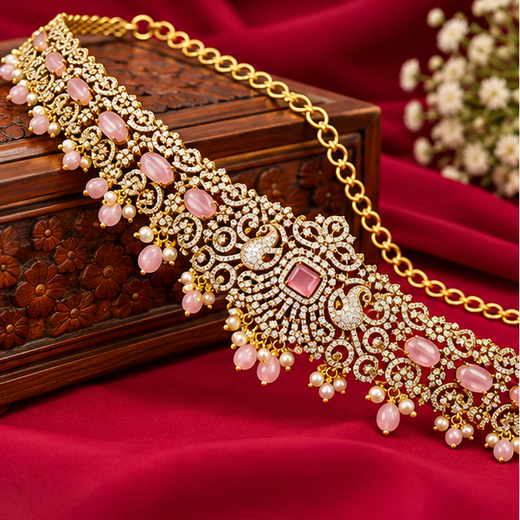 Victorian Finishing With Pink Stones And Peacock Deigned Chain Vaddanam - Image 3