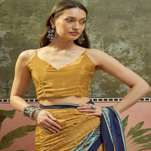 Mustard Crepe Silk Printed Saree - Image 2