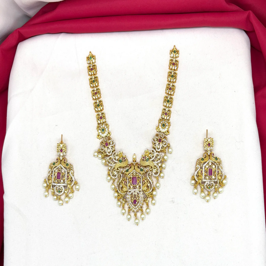 Matte finishing peacock and floral design with white pearls short Necklace - Image 2