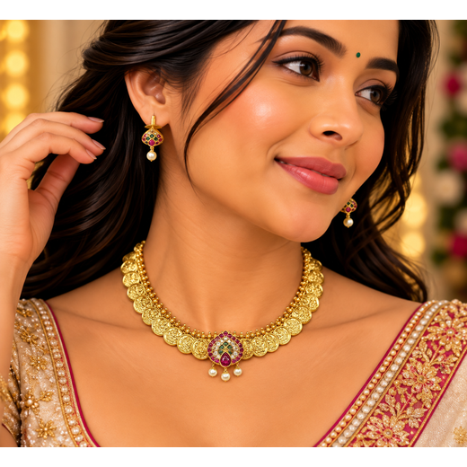 Matte finishing Lord Lakshmi coin with Kempu Heart design motif pendent Short Necklace - Image 4