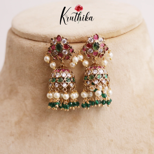 Jhumka emerald Kempu stones with pearl and green bead embellishment earrings - Image 4