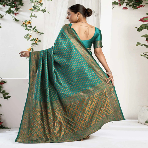 Teal Green Silk Woven Banarasi Saree - Image 4