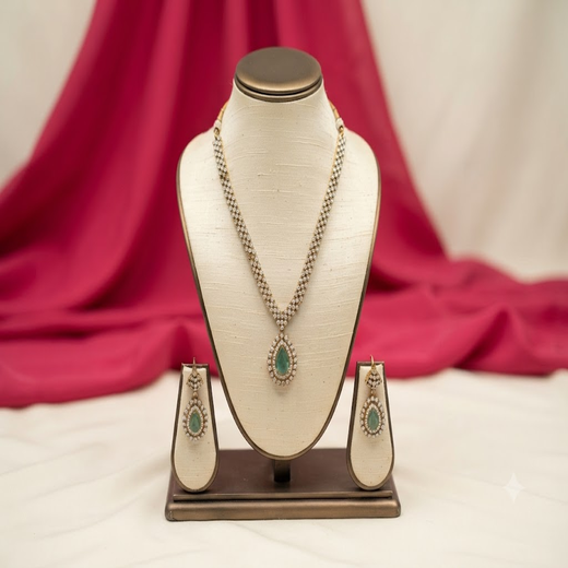 Victorian finishing American Diamonds with Central mint-Green Stone Short Necklace