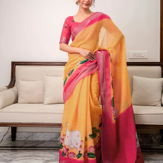 Orange Linen Printed Saree