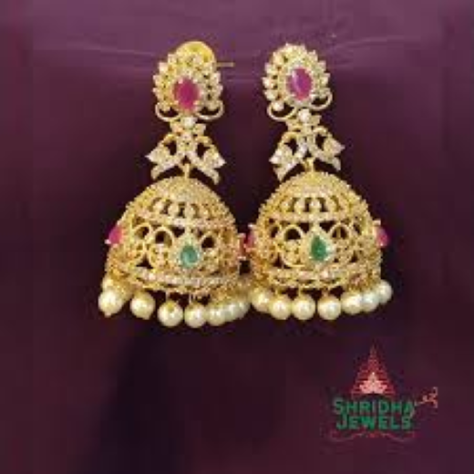 Matte Finishing Floral Design With Ad Stones Pink & Green Stone Jhumka Earring