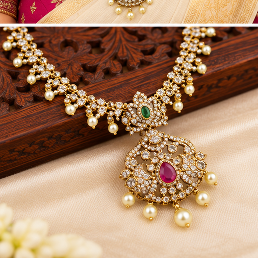 Matte finishing American Diamonds with ovals shape Long Haram Necklace - Image 3