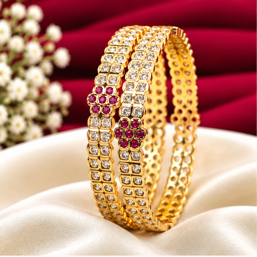 Pure Panchaloham With Red Stones Flower Design With American Diamond Bangles