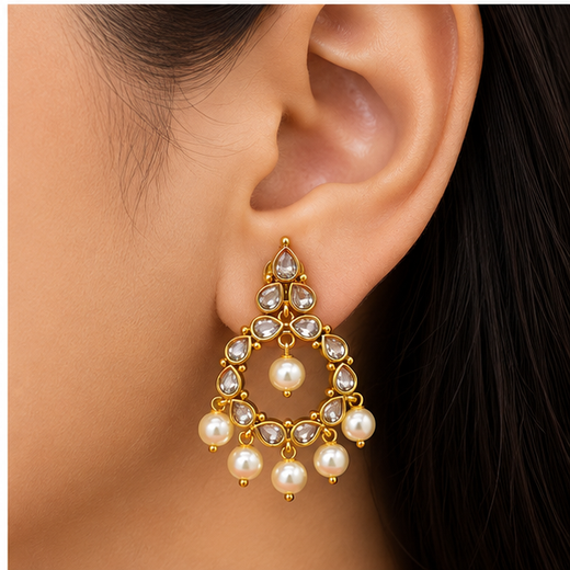 Matte Finishing Ad Stone Pearls Chandbali Earrings. - Image 4